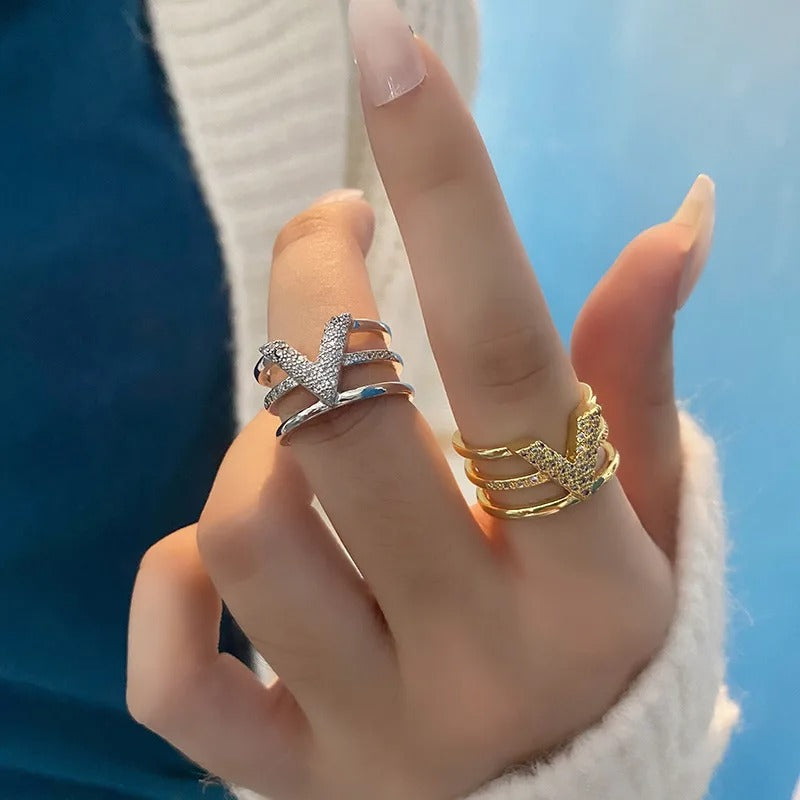 LIVVY Fashion Silver Color V-shape Three-layer Zircon Adjustable Rings For Woman Fashion High-end Trend Jewelry Accessories
