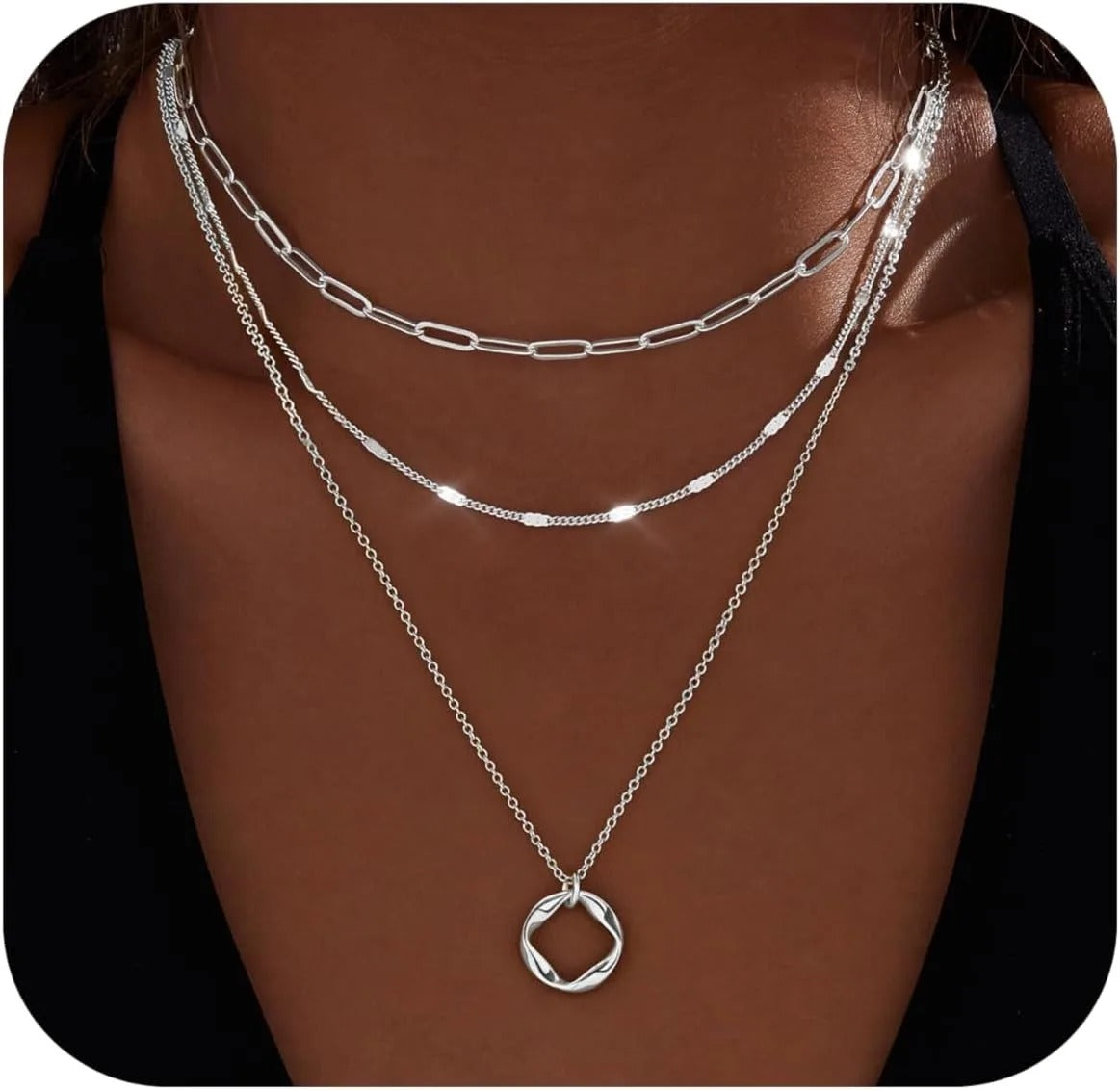 Layered Gold Necklaces for Women Stackable 14K Gold Silver Plated Circle Paperclip Chain Pendant Choker Necklace Set For Woman