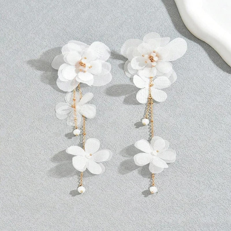 Gold Plated White Flower Dangle Earrings Tassel with Acrylic Beads