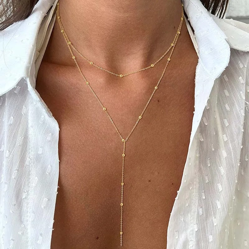 Gold Plated Lariat Necklace for Women, Double Layered Long Chain Drop Pendant Choker Necklaces Fashion Gifts