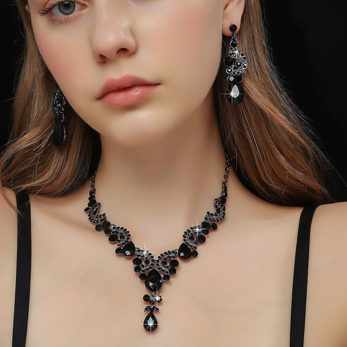 Black Water Drop Crystal Necklace Earrings For Women Wedding Bride Jewelry Sets