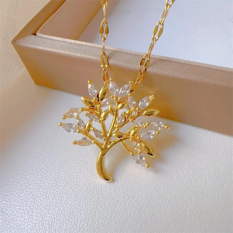 Fashionable and Gorgeous Micro Inlaid Stainless Steel Life Tree Necklace, Classic and Personalized Girl Party Lucky Gift