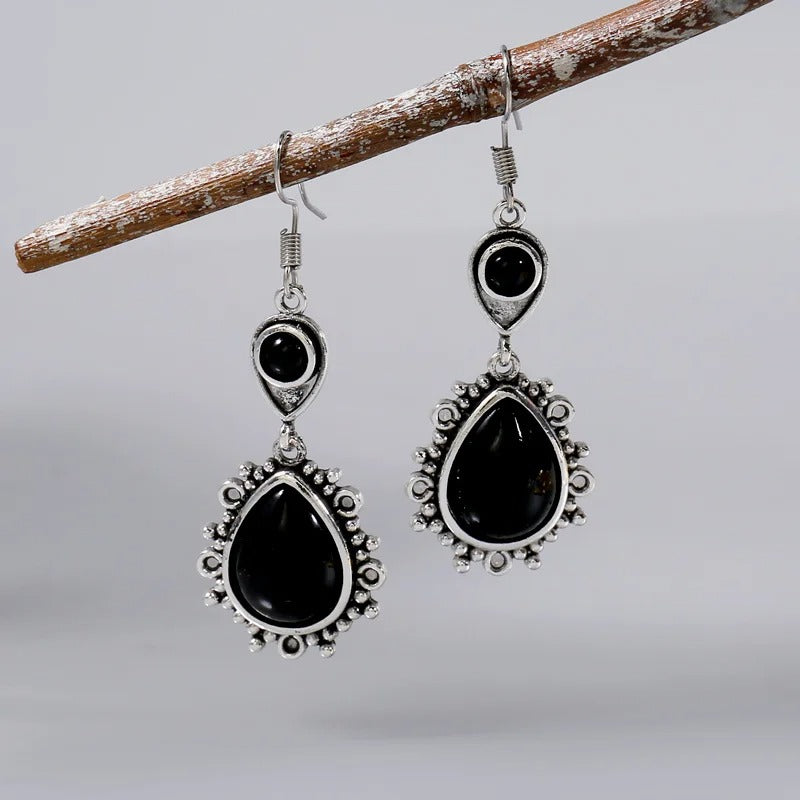 Vintage Black Stone Drop Earring Jewelry Triangle Hollow Ear Jewelry For Women Girls