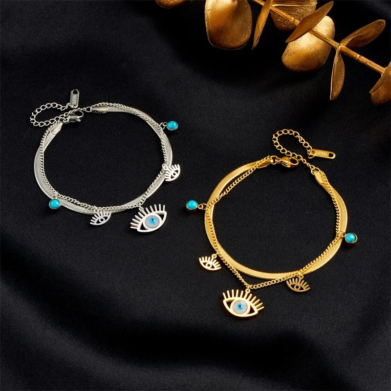 DIEYURO 316L Stainless Steel 2-Color Multilayer Retro Eyes Charm Bracelet For Women Girl New Waterproof Jewelry Gift Party