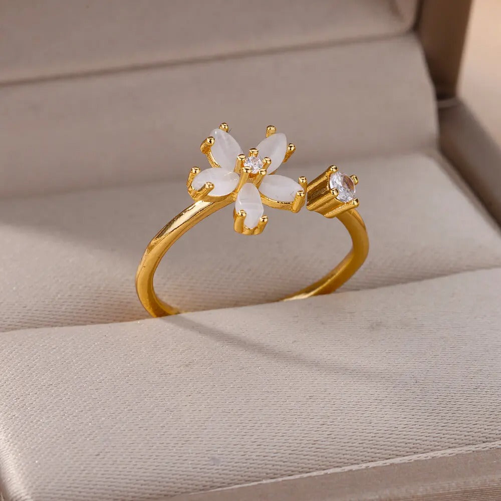 Opal Flower Rings For Women Cubic Zirconia Openning Stainless Steel Flower Ring Wedding Floral Aesthetic Jewelry anillos mujer