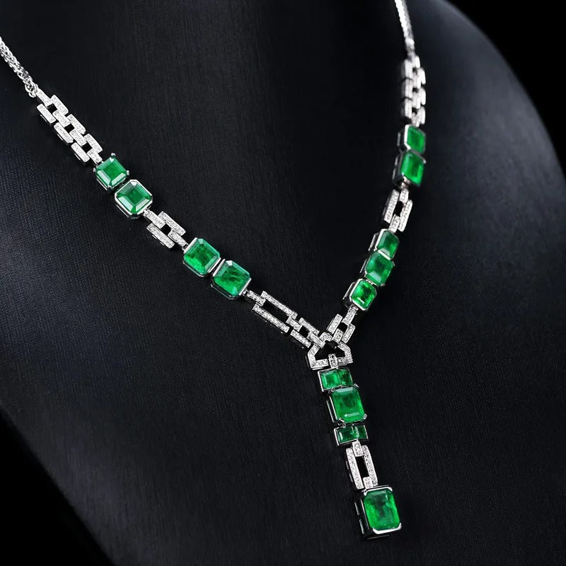 Luxury Silver Color Square Female Necklaces with Emerald And Zircon High End Banquet Cocktail Party Wear Jewelry Necklace