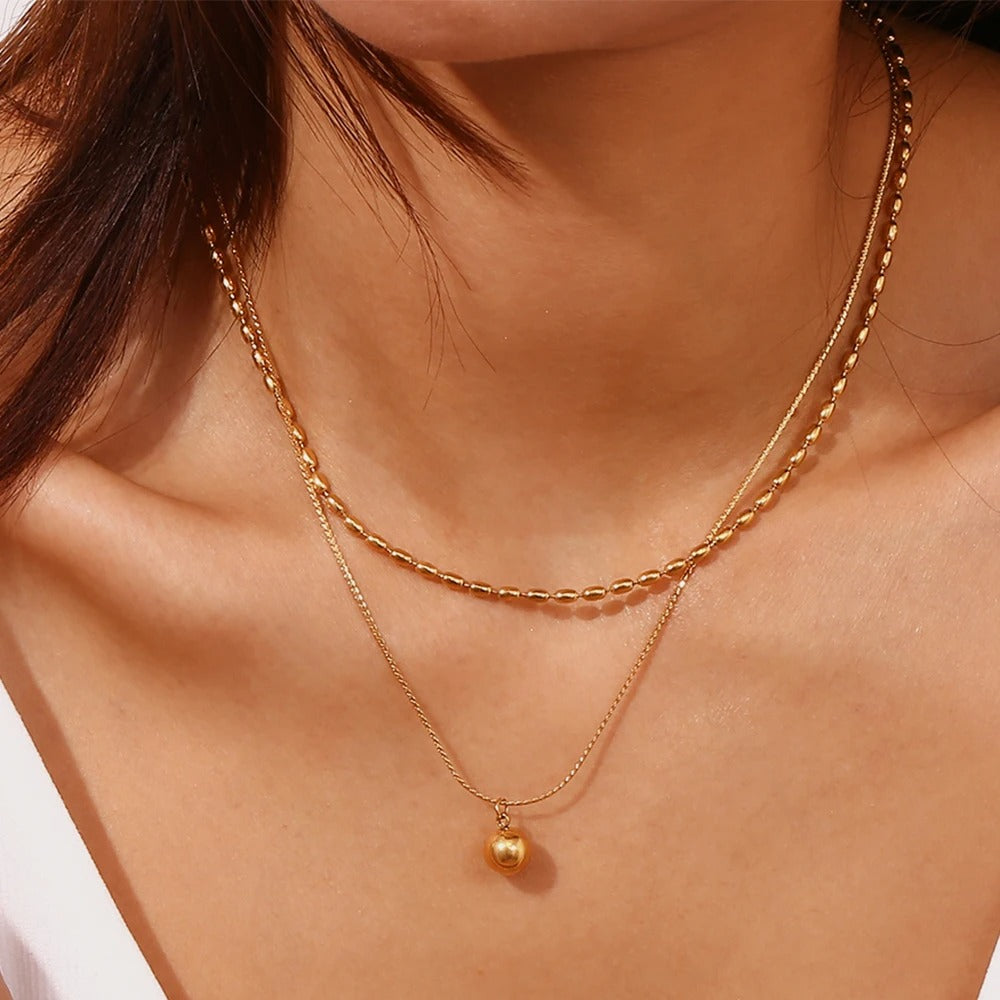 E.B.belle Simple Double-layer Rice bead Pendant Necklace 316L Stainless Steel Decoration 18K Gold Plated Jewelry
