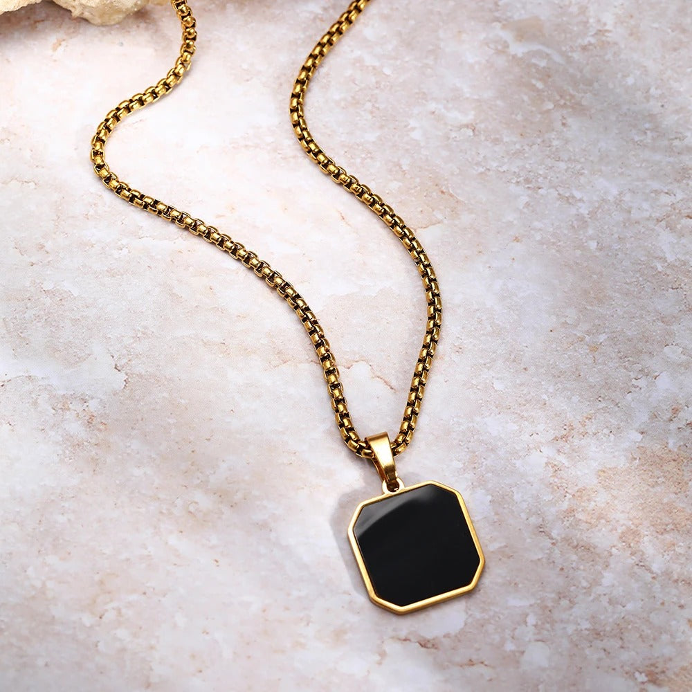 Stainless Steel Black Geometric Square Pendant Necklace Men And Women Design Sense Temperament Sweater Chain Jewelry