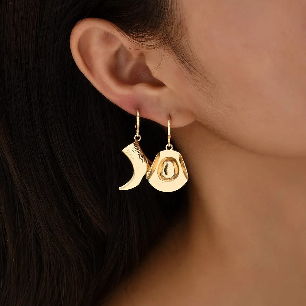 Punk Western Cowboy Hat & Boot Earrings Gold Plated Asymmetric Hoop Charms for Unisex Rock Style