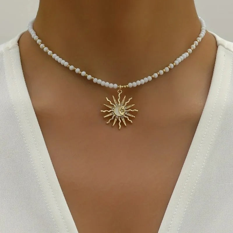 Vintage Golden-Toned Sun Pendant Necklace for Women Elegant Beads Chain Choker Neck Statement Party Jewelry Gifts