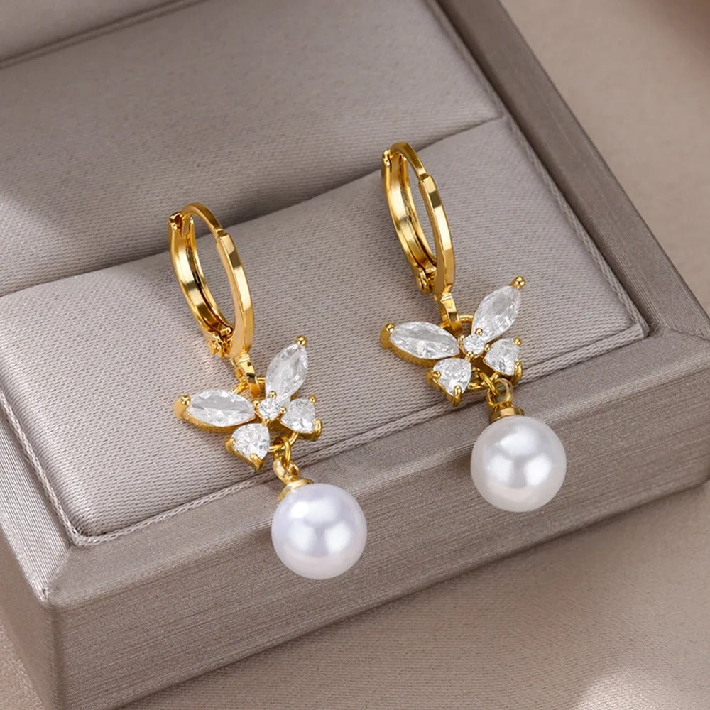2025 Imitation Pearl Butterfly Hoop Earrings Stainless Steel Geometric Wedding Jewelry for Women