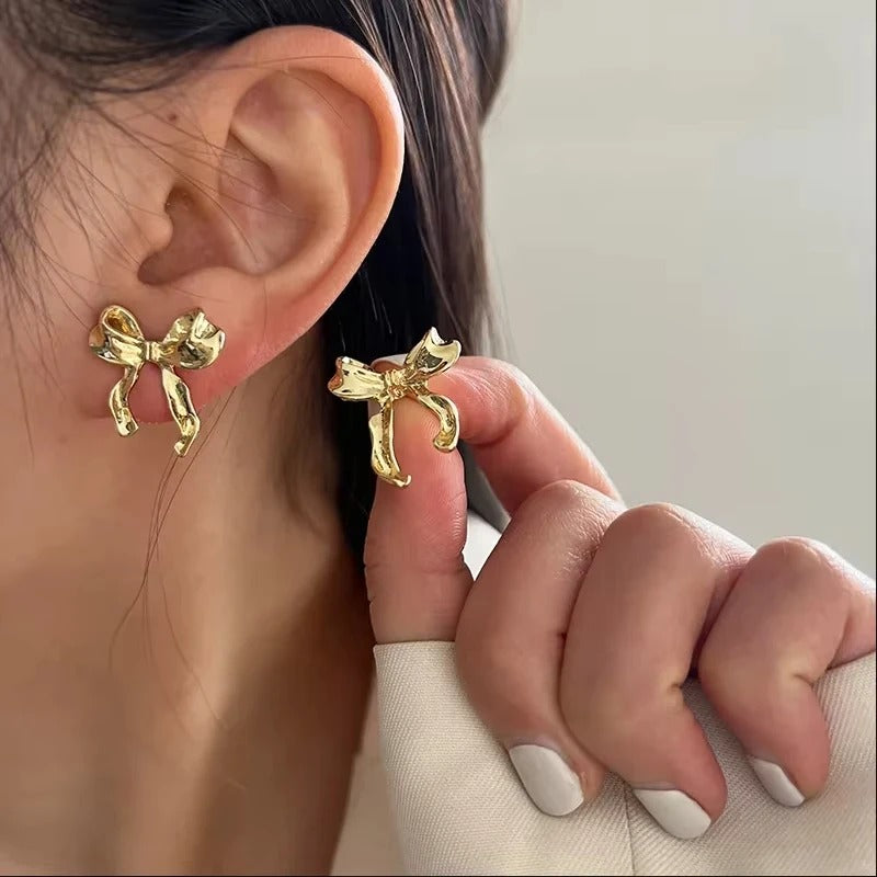 FTCY Vintage Gold Bowknot Stud Earrings Sweet Elegant Women’s Party Jewelry