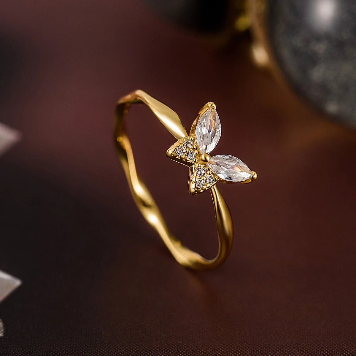Real 925 Sterling Silver 18k Gold Plating Twisted Cubic Zirconia Butterfly Ring For Women Fine Jewelry