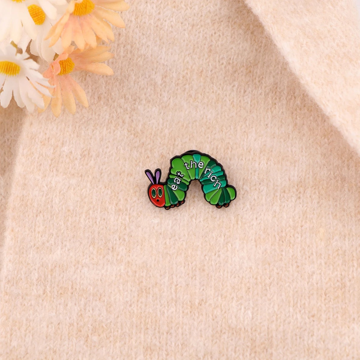 Socialist Enamel Pin Eat Rich Brooch Pines Caterpillar Lapel Pins Badge on Backpack Clothing Accessories Funny Jewelry Gifts