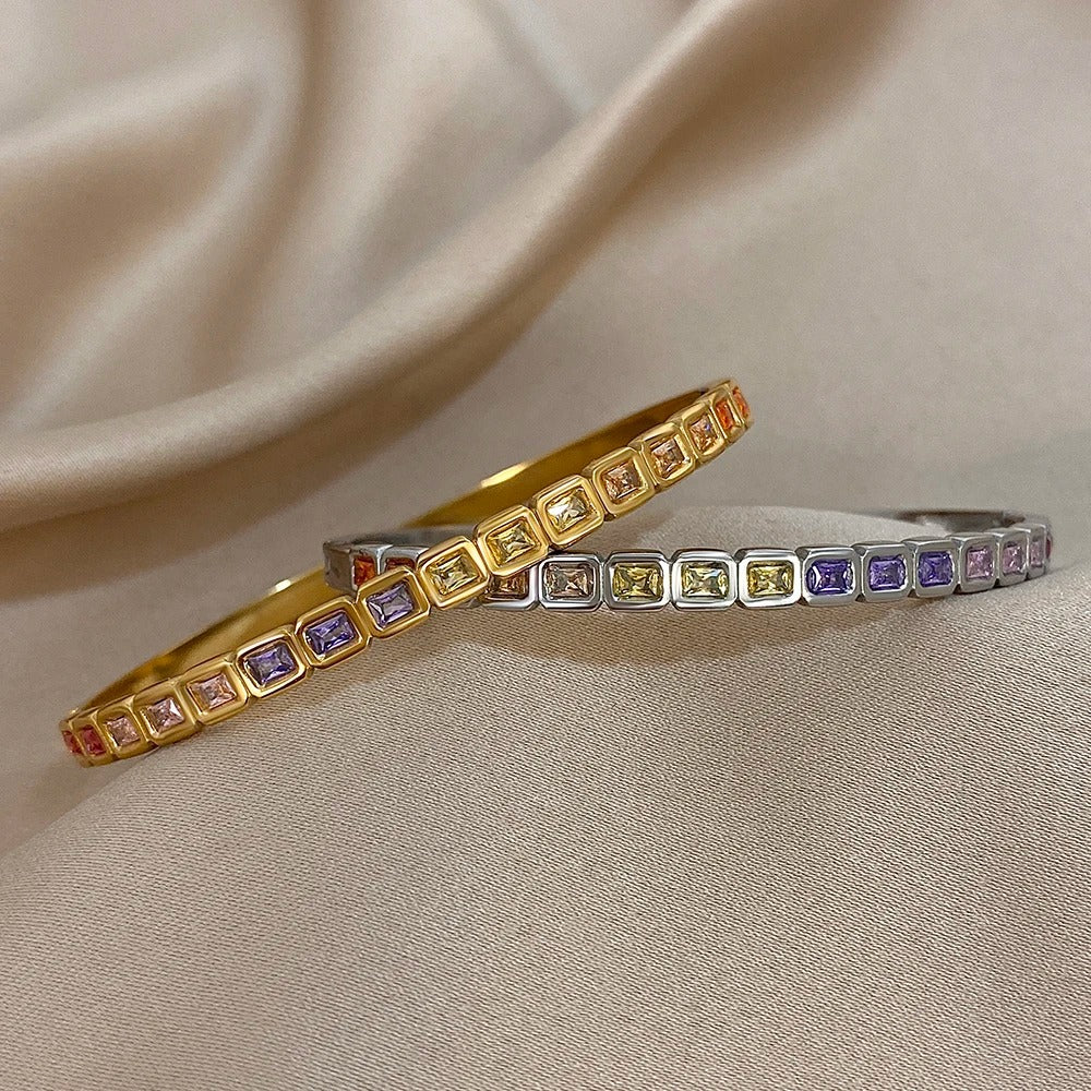 Colorful Zircon Square Beads Stainless Steel Bracelets for Women Trendy Gold Silver Color Stacked Cuff Bangle Waterproof Jewelry