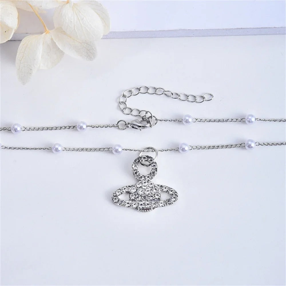 Cute Star Zircon Necklace for Women Planet Pendant Bead Chain Jewelry Girlfriends Party Gift