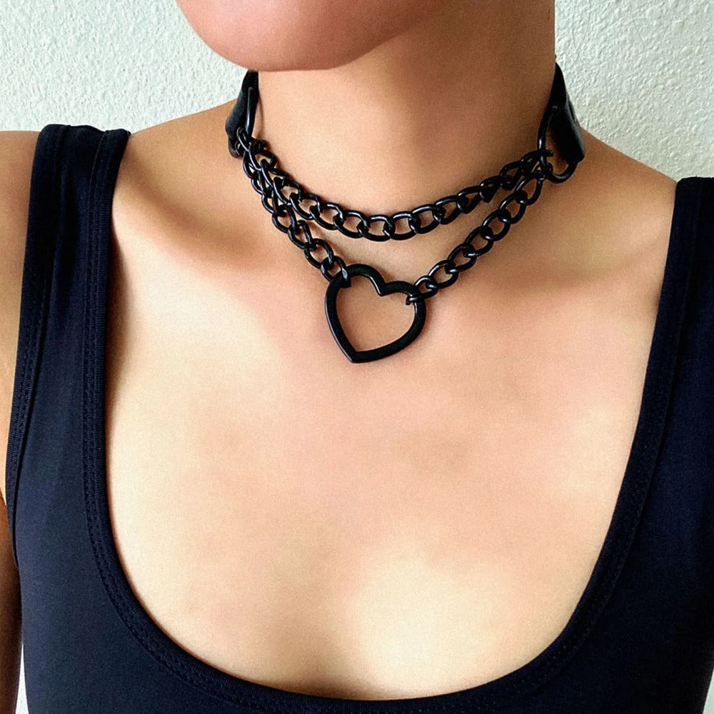 Vintage Heart Necklace Choker With Chain Goth Collar For Girls Grunge Punk Cute Accessories