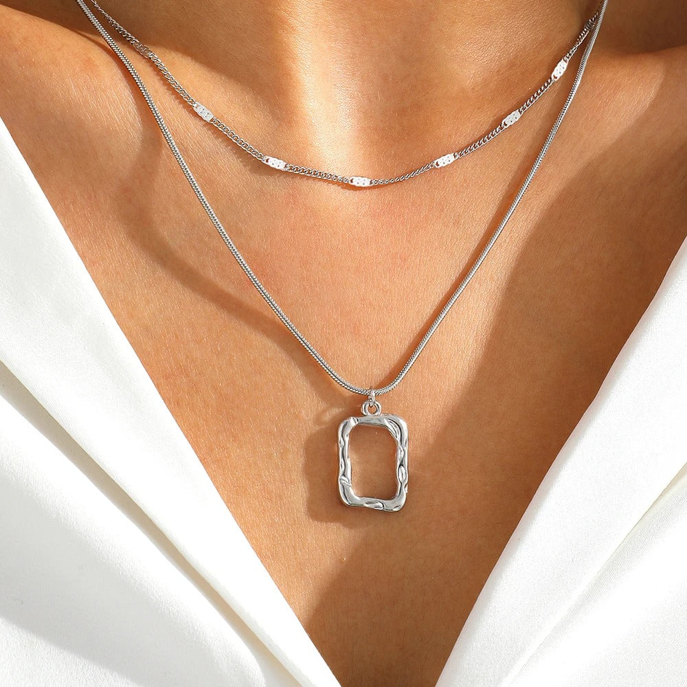 Stainless Steel Necklace Classic Fashion Openwork Square Pendant Layer Chain Necklace For Women Jewelry Party Personalized Gifts