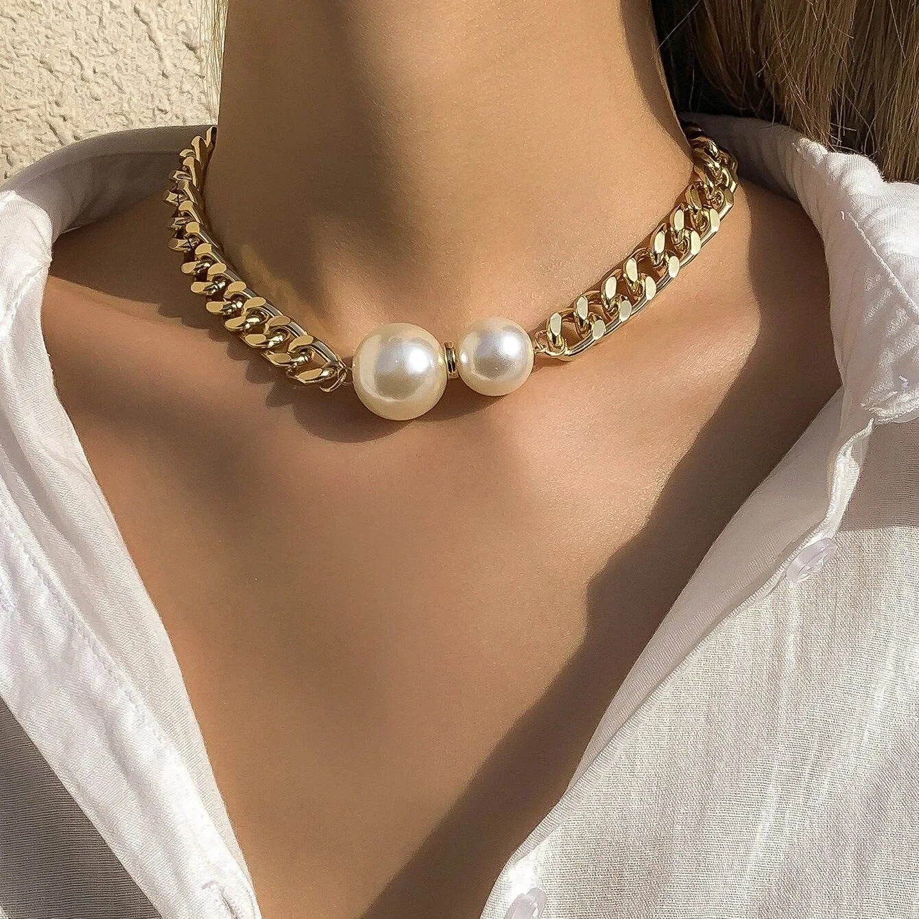 Imitation Pearl Exaggerated Pendant Necklace Retro Thick Chain Choker European American Style Hot-Selling Jewelry Accessory