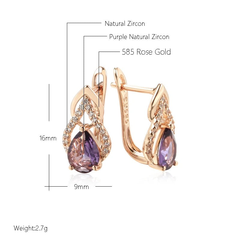 Purple Zircon Water Drop Earrings 585 Rose Gold for Women