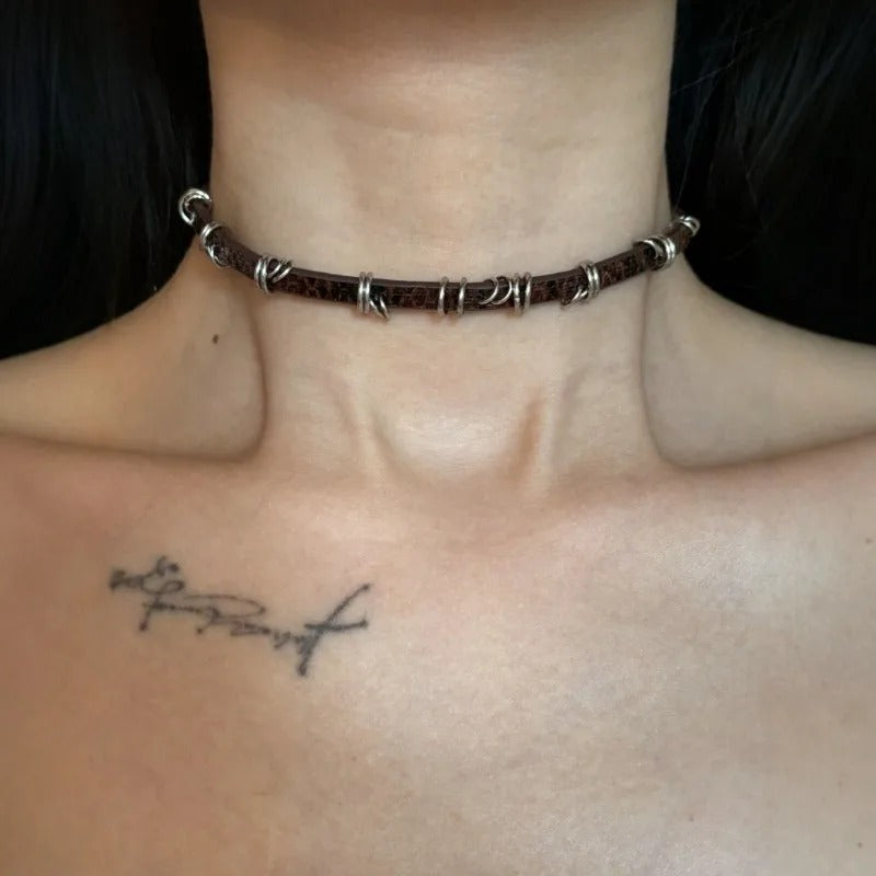 Gothic Brown Vintage Irregular Metal Circle Fine Leather Necklace Choker Sweet Cool Retro Leather Collar Choker Jewelry Y2K