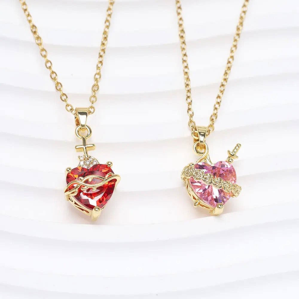 Sweet Love Heart Rhinestone Charms Pendant Necklace Cute One Arrow Through The Heart Rose Flower Around Necklaces Accessory