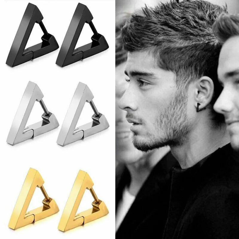 Geometric Triangles Stainless Steel Earrings Unisex Punk Hoop Earrings for Women Men Piercing Push-Back Ear Plug Jewelry