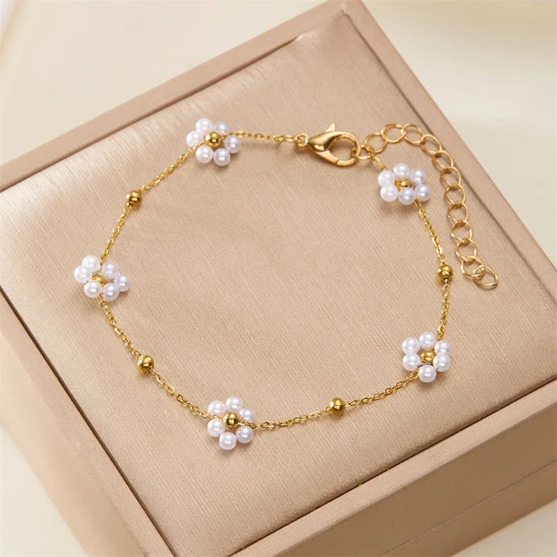 Sweet Cute Crystal Pearl Flower Bracelets for Women Fashion Gold Color Chain Charm Bracelet Necklace Jewelry