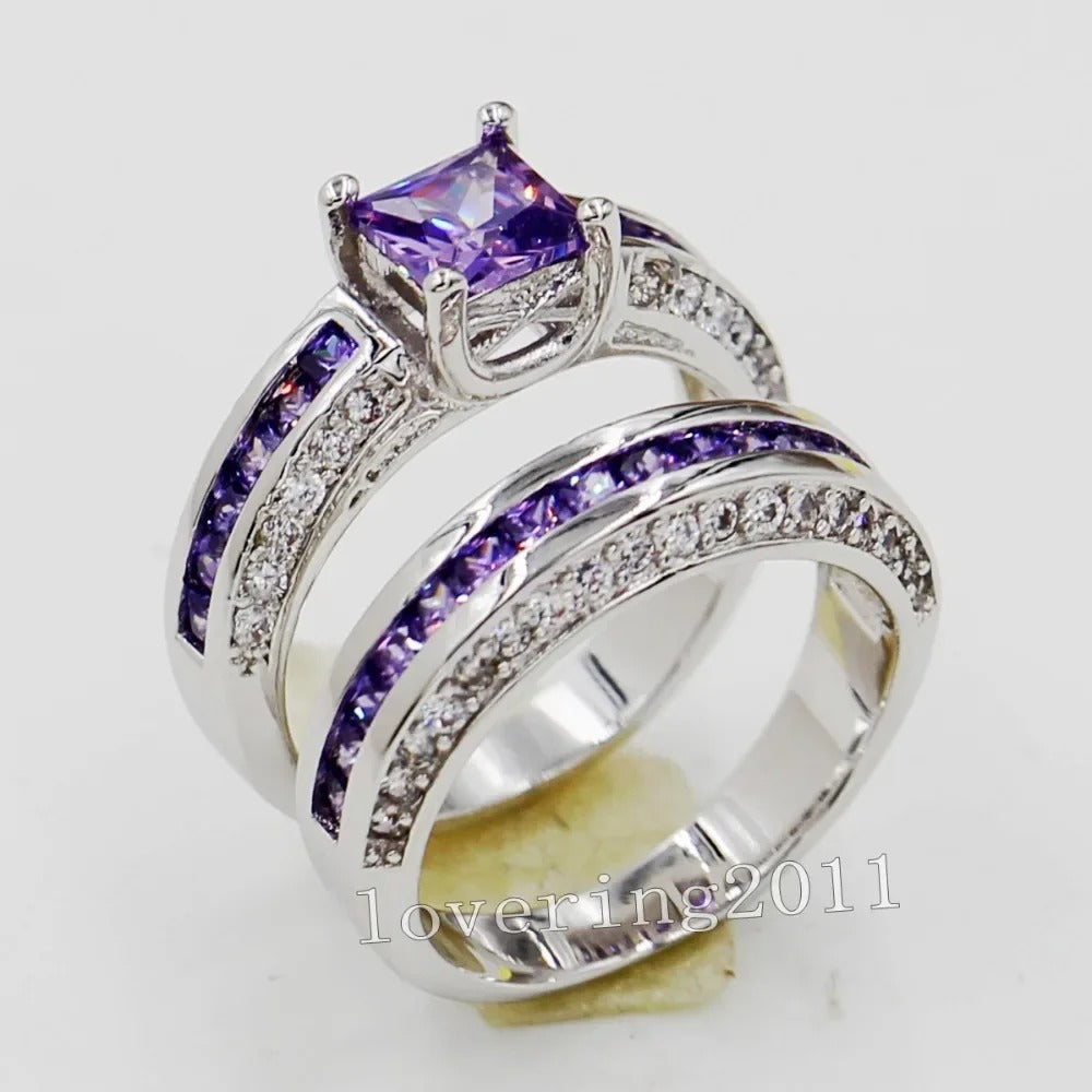 Lovers Lab Amethyst Promise Ring Set 10KT White Gold Wedding Band Rings for Women Men Jewelry Gift