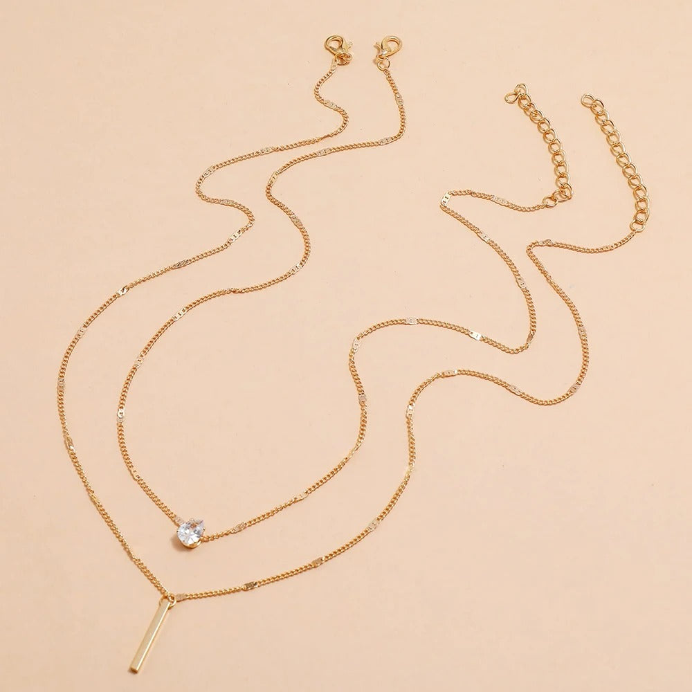 2Pcs Layered Water Drop Zircon Necklace Set for Women