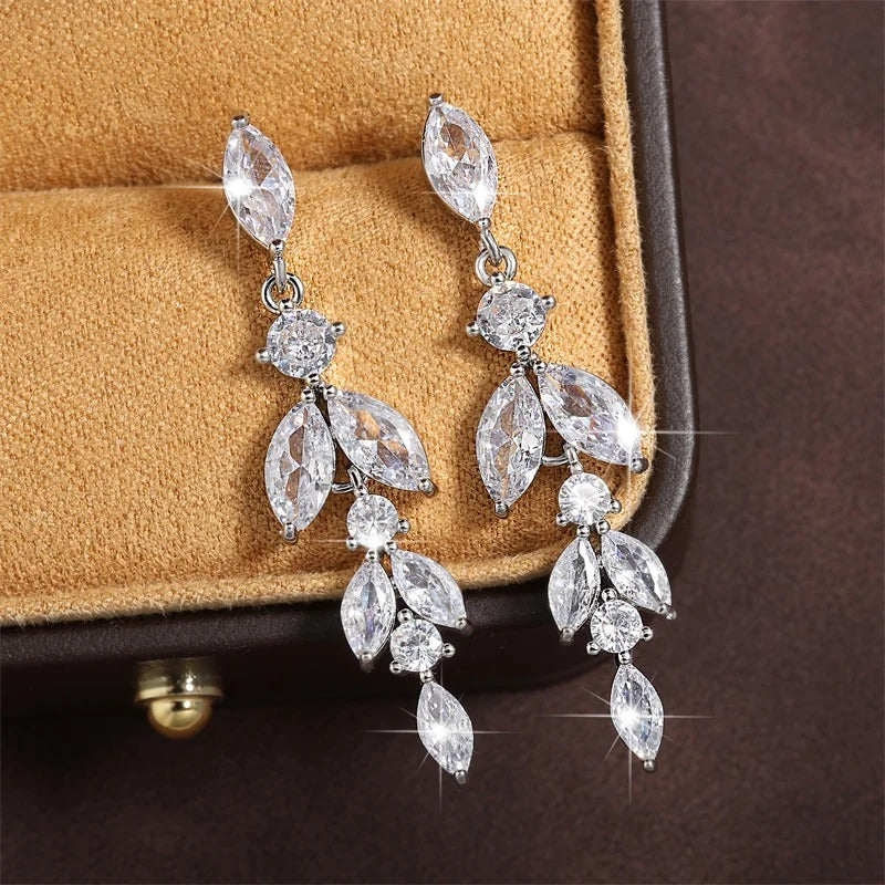 Elegant Marquise Leaf CZ Drop Earrings for Weddings