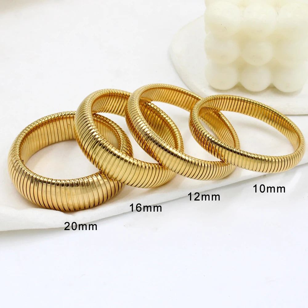 Gold Plated Steel Elastic Bracelet Wide Punk Chunky Spiral Bangle