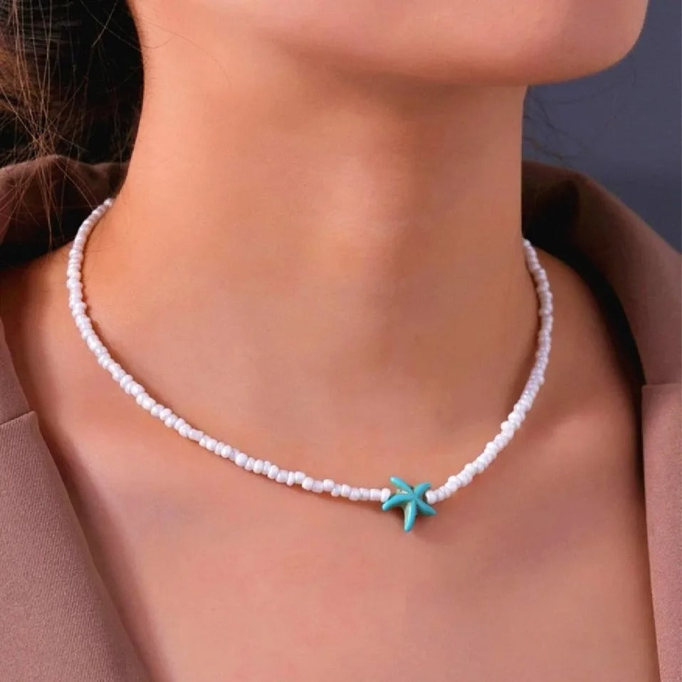 Tidepool Starfish Necklace - Surf & Beach Boho Jewelry Starfish Turtle Beaded Choker Necklaces, Adjustable Necklaces, Ocean Gift
