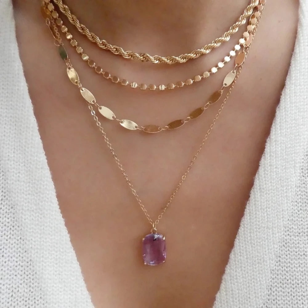 Multi-layered Stainless Steel Square Necklace For Women Color Rectangular multicolor Crystal Pendant Necklaces Trendy Jewel