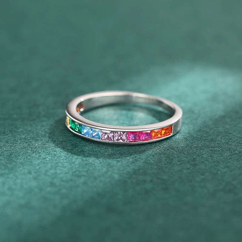 Bright Square Colorful Zirconia Thin Ring Fashion Finger Band Jewelry for Daily Life Versatile Stylish Accessories Gift
