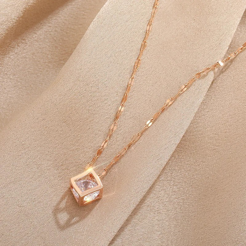 Classic Zircon Crystal Inside Hollow Square Stainless Steel Necklace For Women Korean Fashion Sexy Female Clavicle Chain Jewelry