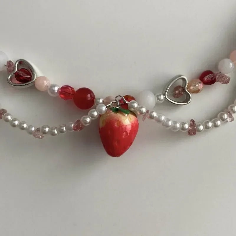 Sweet Charm Imitation Pearl Chain Strawberry Pendant Necklace for Women Wed Bridal Love Heart Choker Aesthetic Jewelry