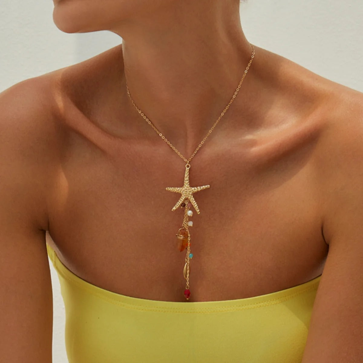 Ingemark Bohemia Starfish Scallop Crystal Long Tassel Pendant Necklace For Women Summer Beach Vacation Charm Jewelry Accessories