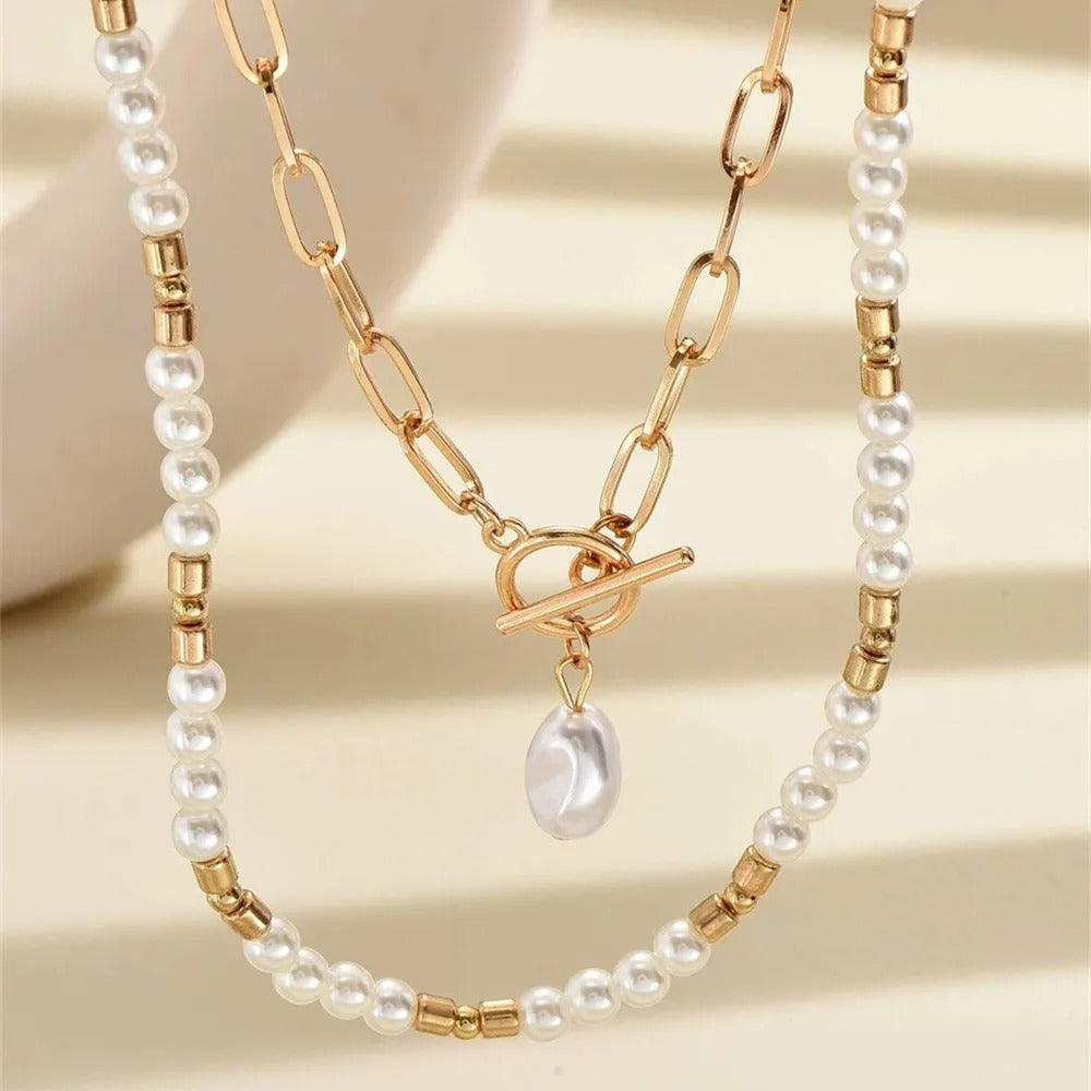 New Vintage Punk Metal Bead Chain Artificial Pearl Pendant Necklace For Women Boho Fashion Multilevel Jewelry Gift