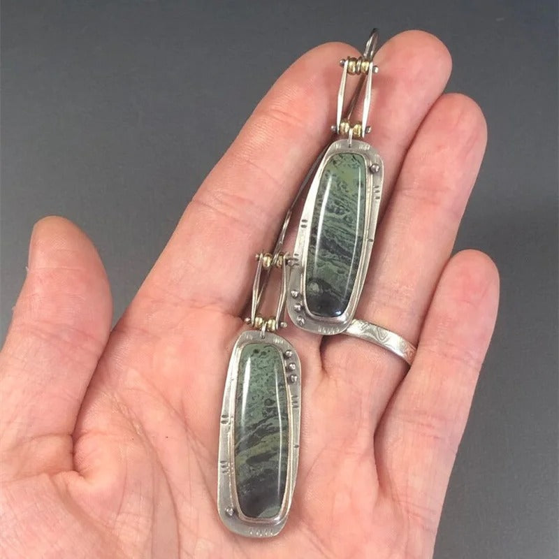 Trendy Long Carving Green Pattern Hook Earrings for Women Vintage Metal Two Tone Square Dangle Earrings Jewelry