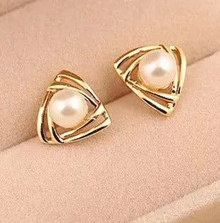 Elegant Triangle Pearl Stud Earrings – Gold Plated Fashion Jewelry for Women & Girls, Charming Gift Idea