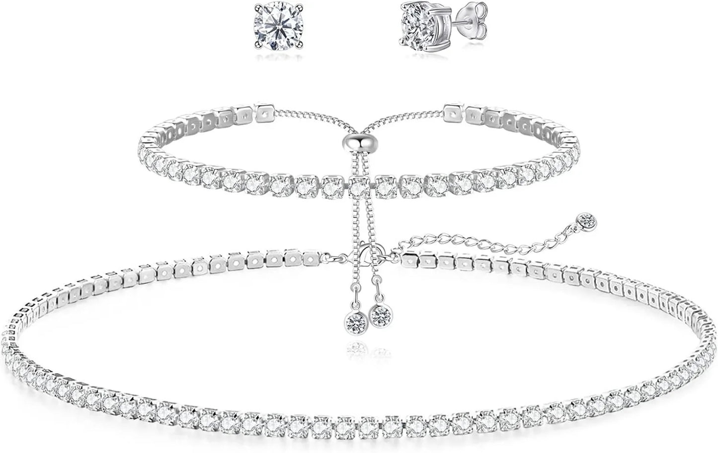 Tennis Necklace Bracelet for Women Sliver Plated Dainty Chocker Necklace Earrings Bracelet for Women Wedding Jewelry for women