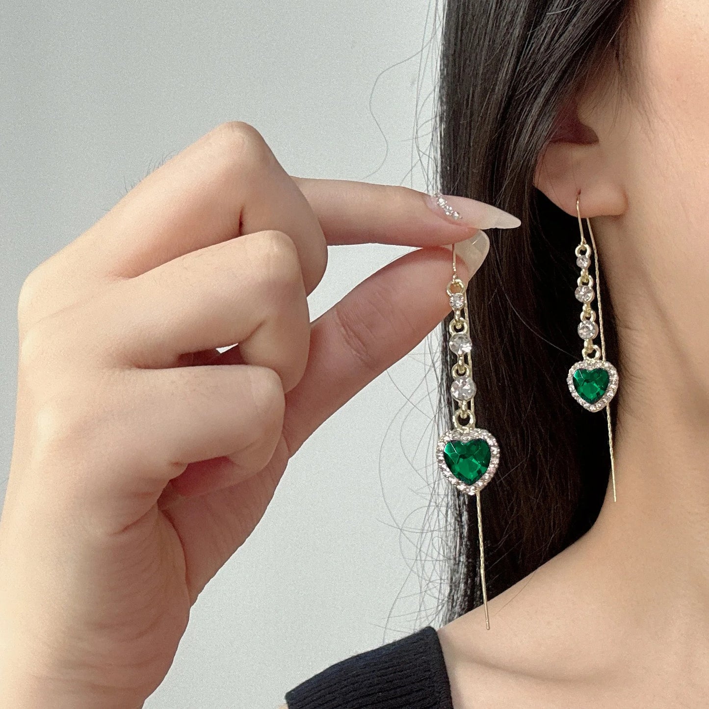 Luxury Temperament Green Zircon Drop Earrings For Women Heart Shape Fashion Long Tassel Rhinestone Earring Wedding Party Jewelry