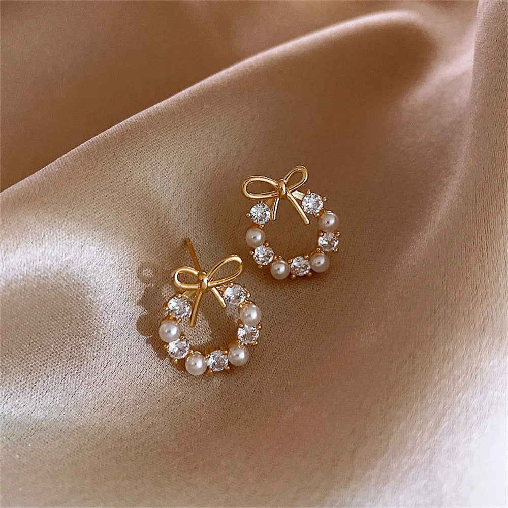 Simple Bow Garland Crystal Pearl Earrings Trendy Acrylic Women’s Party Jewelry