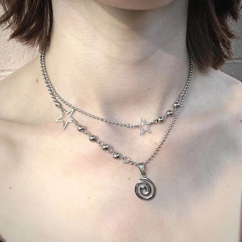 Stainless Steel Spiral Pendant Necklace, Layered Choker Star Charm Necklace, Grunge Y2K Cyber Fairycore Jewelry, Subversive Archive Alt Fashion Gift