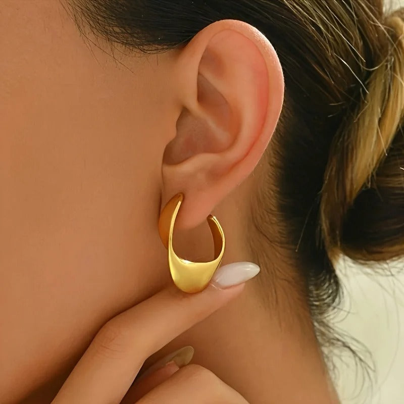 Luxury Chunky Gold Stainless Steel Hoop Earrings for Women Glossy Round Cubic Ear Clips Trendy Wedding Party Jewelry