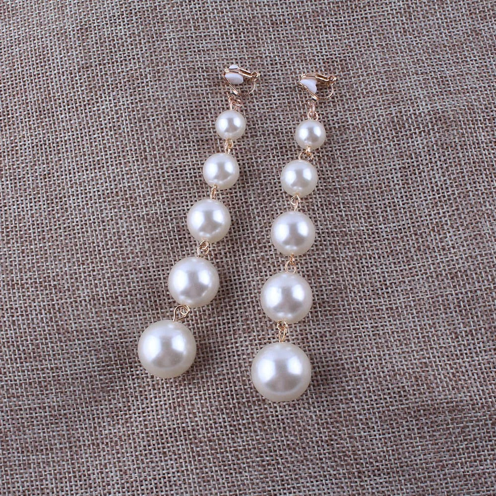 JIOFREE new design Trendy long Big Simulated Pearl Clip on Earrings Pearls String Statement Earrings For Wedding Party Gift