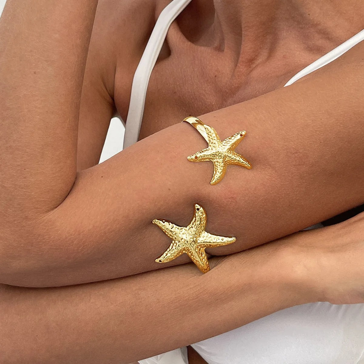 Metal Starfish Open Cuff Bangles for Women Gold Color Punk Flower Geometric Arm Bracelet Summer Beach Party Jewelry Gifts