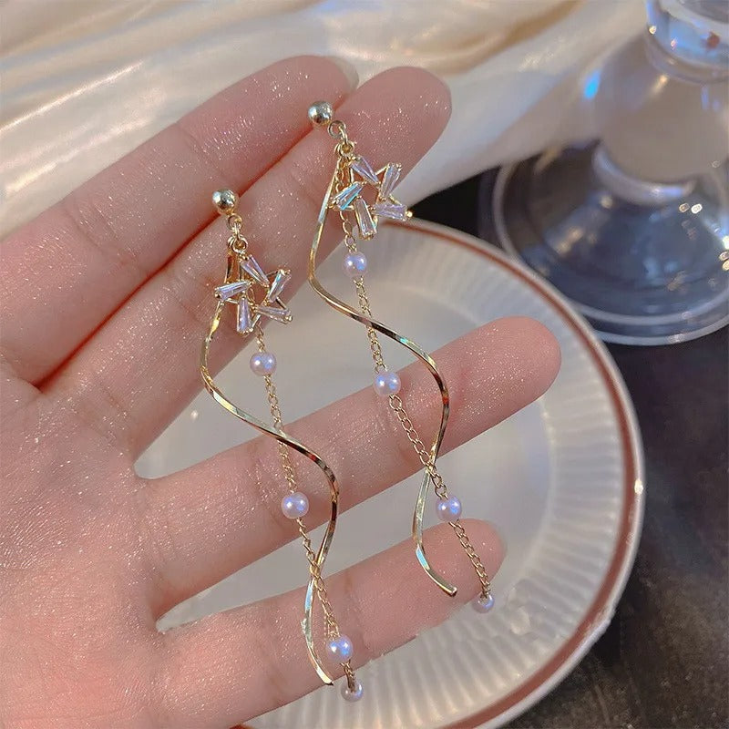 Exquisite Crystal Star Wavy Long Tassel Drop Earrings for Women Fashion Imitation Pearl Chain Dangle Earring Jewelry Gift