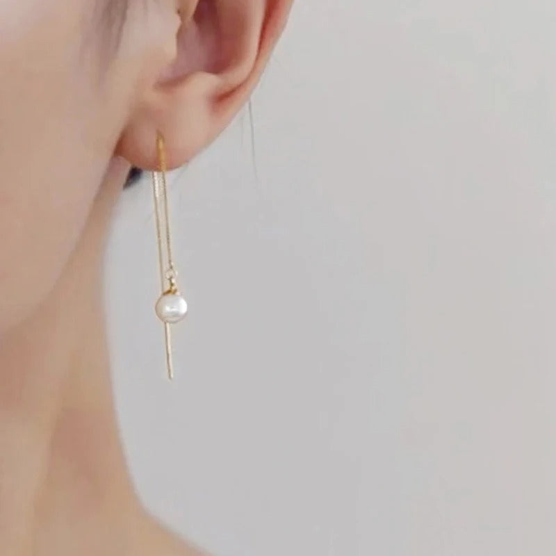 Huitan Dainty Long Hanging Pearl Earrings Elegant Gold Color Engagement Jewelry for Women